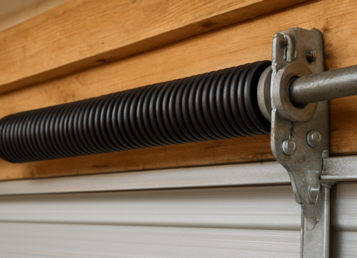 Close-up of a roller door spring mechanism mounted on a wooden surface