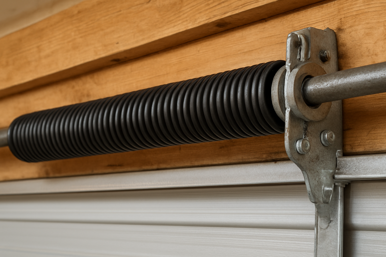 Close-up of a roller door spring mechanism mounted on a wooden surface