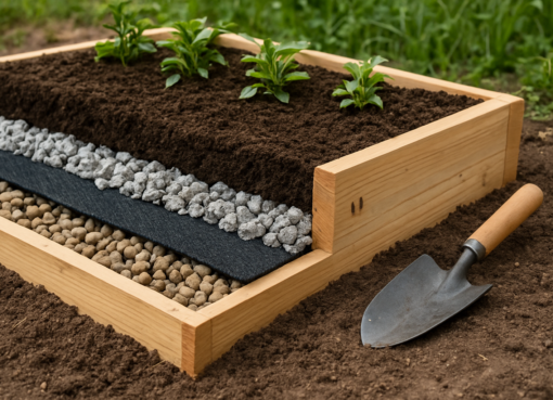 A raised garden bed with layers of gravel, fabric, and soil, showing a clear drainage system.